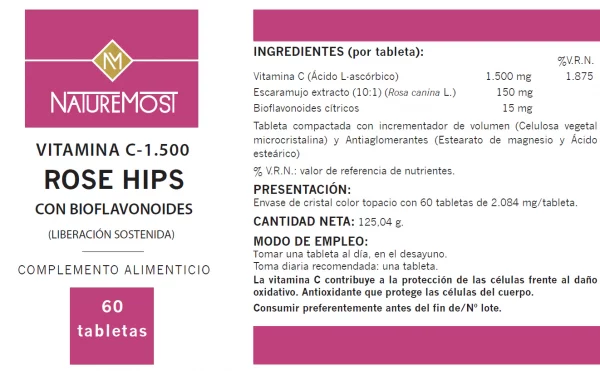 Vitamina C- 1.500 Rose Hips con Bioflavoonoides 90 tabletas - Imagen 2