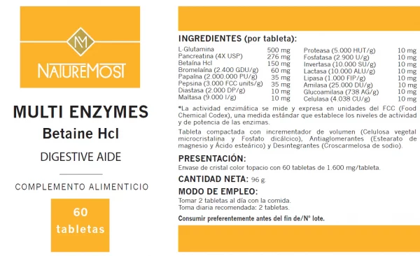 Multi Enzymes Betaine HCL 60 tabletas - Imagen 2